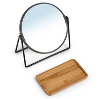 Make-up spiegel metaal/bamboe 17,5 x 20,5 cm - Make-up spiegeltjes - thumbnail