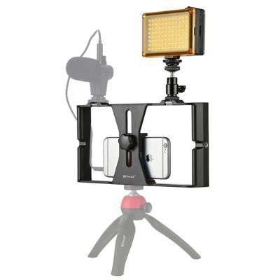PULUZ 2 in 1 VLogging live uitzending LED Selfie licht smartphone video rig kits met koude schoen statief hoofd voor iPhone Galaxy Huawei Xiaomi H