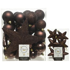 Kerstversiering kunststof kerstballen met piek donkerbruin 5-6-8 cm pakket van 39x stuks