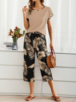 Loose Crew Neck Palm Leaf Casual Two-Piece Set