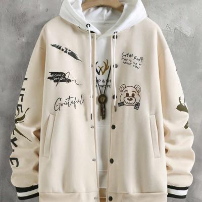 Bon&Bon Men's Cartoon Bear Print Bomber Jacket | Black Casual Coat Apricot-5 / L