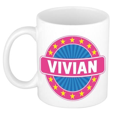 Vivian voornaam koffiemok - beker - wit/roze - 300 ml - Cadeau - Dames - Collega - Moederdag Vivian voornaam koffiemok - beker - wit/roze - 300 ml - Cadeau - Dames - Collega - Moederdag