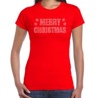 Glitter kerst t-shirt rood Merry Christmas glitter steentjes voor dames - Glitter kerst shirt