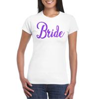 Vrijgezellenfeest T-shirt voor dames - bride - wit - paarse glitter - bruiloft/trouwen - thumbnail