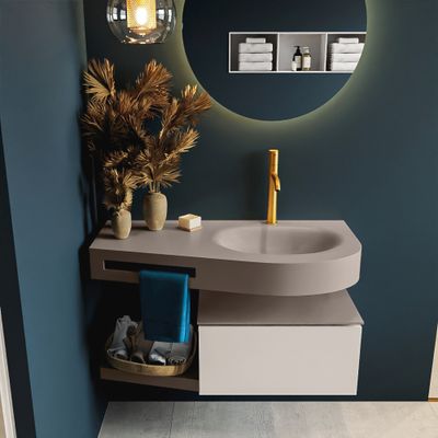 MONDIAZ RIVA 100cm badmeubel onderkast / planchet kleur Linen met 1 lade. Wastafel DULCET rechts 1 kraangat kleur Smoke.