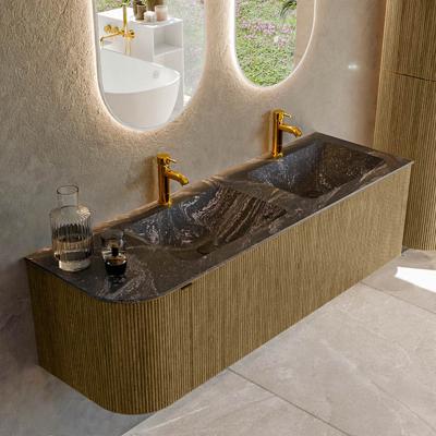 Badmeubel Mondiaz Kurve-Dlux | 145 cm cm | Meubelkleur Dusk | Wastafelkleur Lava | Solid surface | Dubbel / Rechts spoelbak | 2 kraangaten