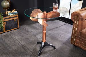 Handgemaakte bijzettafel OCEAN 75cm koper zwart glazen blad rond metaal maritiem - 42726