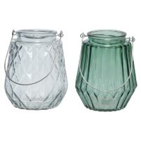 Set van 2x stuks theelichthouders/waxinelichthouders glas ijsblauw en zeegroen 11 x 13 cm