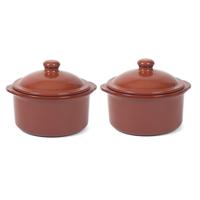 Ovenschaal/stoofpot - 2x - Oviedo - aardewerk - 20 x 18 cm - met deksel - bruin