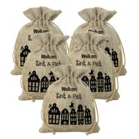 Mini Sinterklaas jute cadeauzak Welkom Sint en Piet - Pakket van 5x stuks - Strooizak met koord - 18