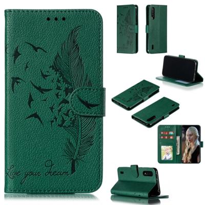 Feather patroon Litchi textuur horizontale Flip lederen draagtas met portemonnee & houder & kaartsleuven voor Xiaomi mi CC9 (groen)