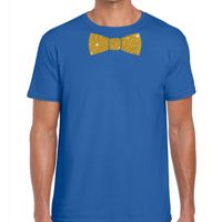 Blauw fun t-shirt met vlinderdas in glitter goud heren