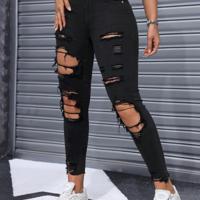 Bon&Bon Women's High Waist Skinny Jeans - Ripped Light Grey Denim Black / L