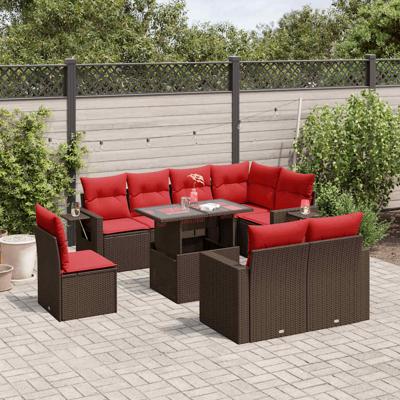 9-delige tuinbankset met kussens, bruin polyrotan