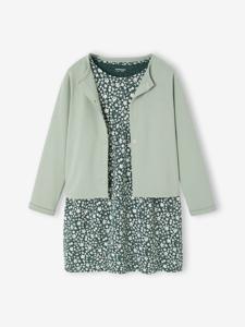 Set met vest en bloemenjurk meisje groengrijs