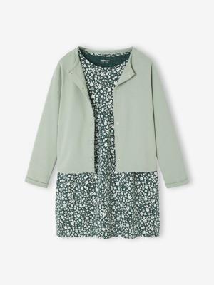 Set met vest en bloemenjurk meisje groengrijs