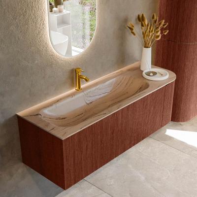 Badmeubel Mondiaz Kurve-Dlux | 135 cm | Meubelkleur Ruby | Wastafelkleur Arena | Solid surface | Wasbak linker zijde spoelbak | 1 kraangat