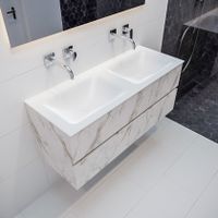 Mondiaz Vica Cloud badmeubel wit carrara mat 120 cm 2 lades solid surface dubbele spoelbak zonder kraangat