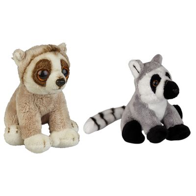Bosdieren zachte pluche knuffels 2x stuks - ringstaart Maki aapje en Luiaard van 15 cm