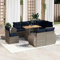 9-delige Loungeset met kussens poly rattan grijs