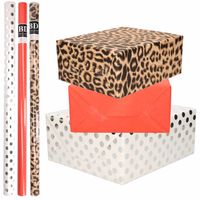 9x Rollen kraft inpakpapier/folie pakket - panterprint/rood/wit met zilveren stippen 200 x 70 cm - Cadeaupapier - thumbnail