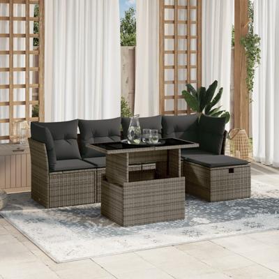 6-delige Loungeset met kussens poly rattan grijs