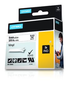 Labeltape Dymo Rhino 18443 vinyl 9mmx5.5m zwart op wit