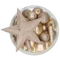 Bellatio Decorations set 33x stuks kunststof kerstballen met ster piek champagne