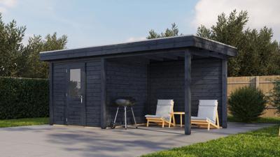 Lugarde Select Modern tuinhuis met overkapping Vught 250x250cm + 300cm - Zwarte olie- Plat dak- - Lugarde Select