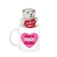 Moederdag cadeau hartje voor de liefste mama beker / mok 300 ml met beige knuffelbeertje met love ha - thumbnail