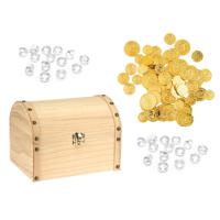 Houten piraten schatkist 20 x 15 cm met 100x plastic gouden piraten geld munten en diamanten - thumbnail