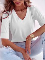 Women's Half Sleeve T-shirt Summer Plain Ribbed V Neck Going Out Casual Top Deep Pink - thumbnail