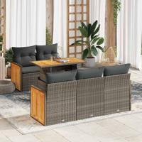 6-delige Loungeset met kussens poly rattan acacia grijs