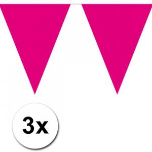 Party Vlaggenlijn puntvlaggetjes - 3x - kunststof - fuchsia - 10 meter - Slinger - versiering