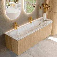 Mondiaz KURVE-DLUX 145 cm Onderkast Greeploos 1 Lade Met Deuren Oak, Wastafel Solid Surface Links Glace 2 Kraangaten Zonder Spiegel (KRVBGL145R1L1D2KL-Oak/Gla)