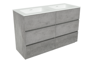 Storke Edge staand badkamermeubel 130 x 52,5 cm beton donkergrijs met Mata dubbele wastafel in matte Solid Surface