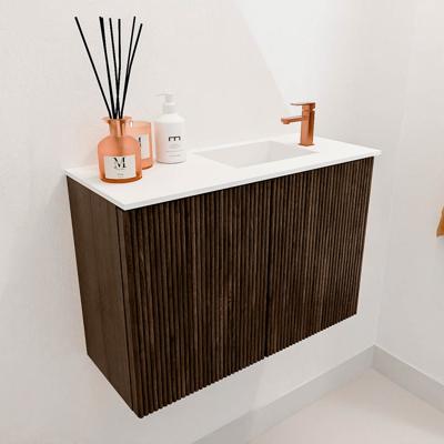 Toiletmeubel Mondiaz Joya | 60 cm | Meubelkleur Walnut | Faye wastafel Talc Rechts | 1 kraangat Toiletmeubel Mondiaz Joya | 60 cm | Meubelkleur Walnut | Faye wastafel Talc Rechts | 1 kraangat