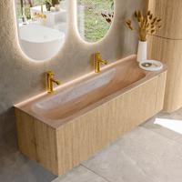 Badmeubel Mondiaz Kurve-Dlux | 145 cm | Meubelkleur Oak | Wastafelkleur Saba | Solid surface | Wasbak linker zijde spoelbak | 2 kraangaten