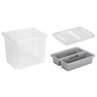 Sunware opslagbox kunststof 45 liter transparant 45 x 36 x 36 cm met deksel en organiser tray - thumbnail