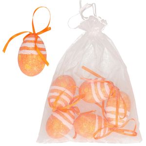 Decoratie paaseieren hangend - 6x - oranje glitter - piepschuim - 6 cm