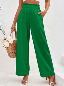 Cotton Casual Plain Paperbag Waist Wide Leg Pants