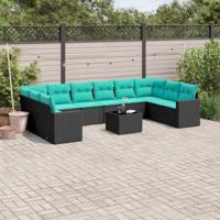 11-delige Loungeset met kussens poly rattan zwart