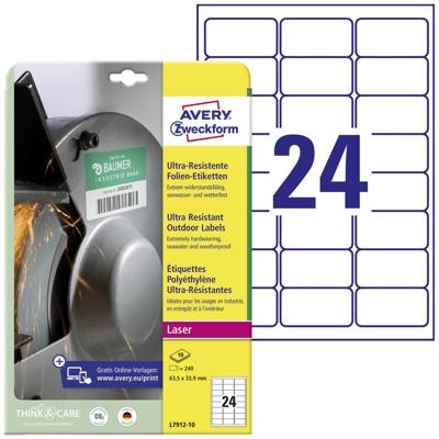 Avery-Zweckform L7912-10 Folie-etiketten 63.5 x 33.9 mm Polyethyleen folie Wit 240 stuk(s) Permanent hechtend Laser (kleur), Laser (zwart/wit), Kopiëren