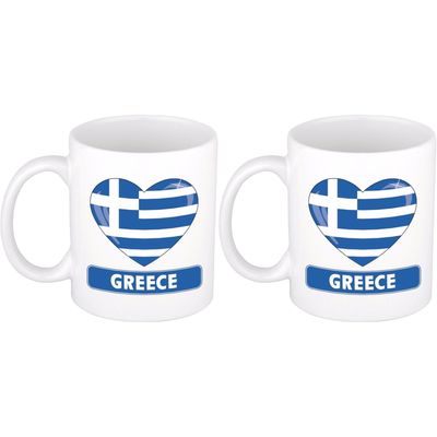Bellatio Decorations Griekenland thema mok/beker - 2x - 300 ml - hartje