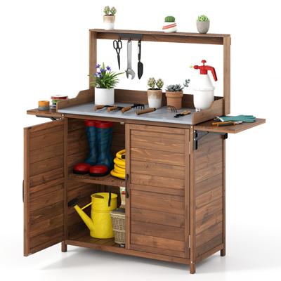 138x47x128cm Houten Plantenbank Tuintafel Met Gegalvaniseerd Werkblad En Onderkast Tuinbouwwerkbank