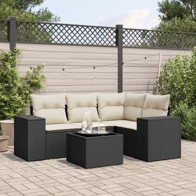 5-delige Loungeset met kussens poly rattan zwart