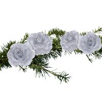 4x stuks decoratie bloemen rozen zilver op clip 9 cm