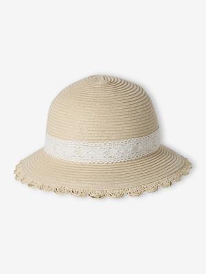 Hoed van stro en kant voor babymeisjes zandbeige