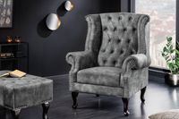 Design vleugelfauteuil CHESTERFIELD 105cm grijs fluweel zilver klinknagels veerkern - 43520