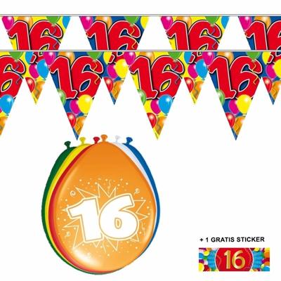 Shoppartners 16 jaar versiering set - kamer - 2x vlaggenlijnen - 8x ballonnen - gratis sticker